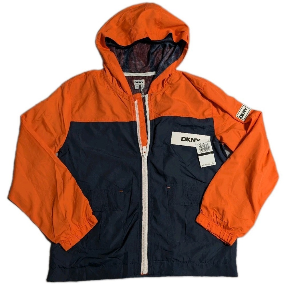 DKNY Boys Hooded Windbreaker Jacket Size 10 Orange Navy Full Zip NWT